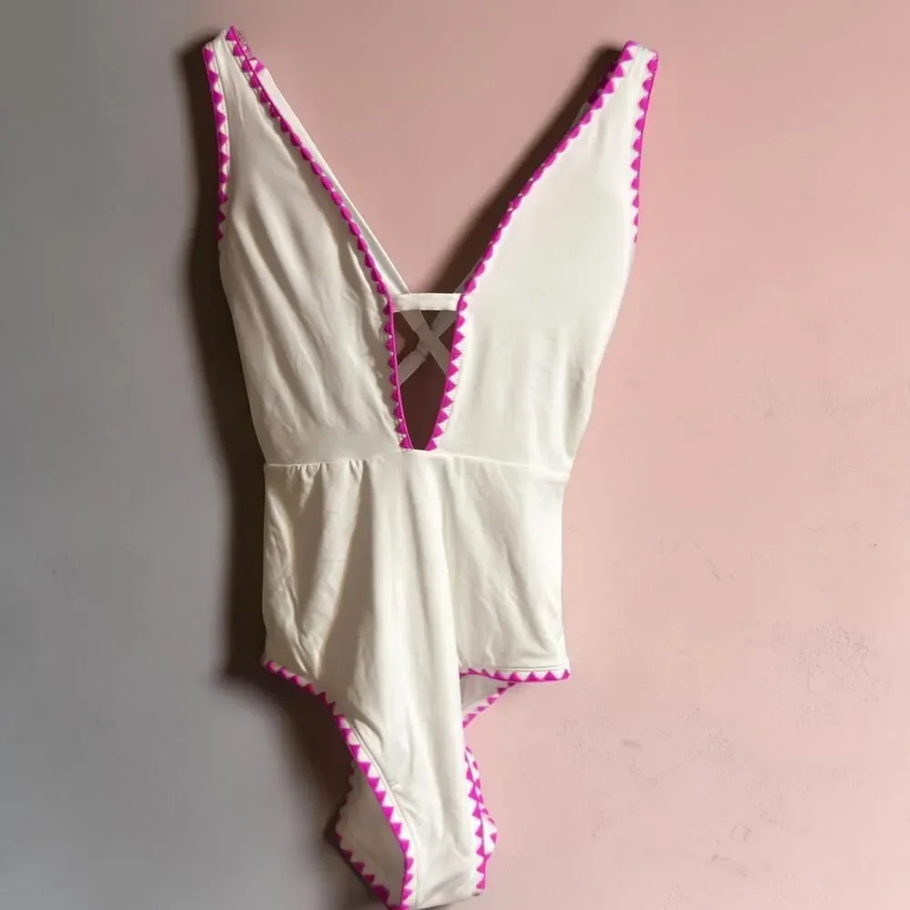Lucky Brand Marbella Maillot Swimsuit Plunge Neck Size Small